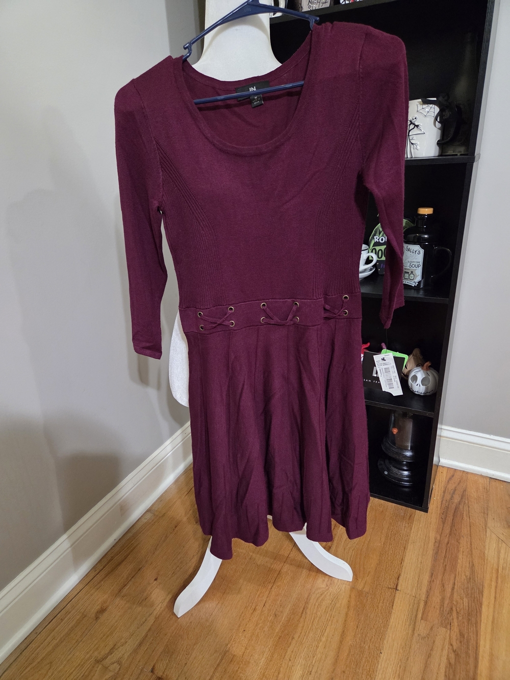 I.N. San Francisco Burgundy Lace-Up Waist Long Sleeve Dress